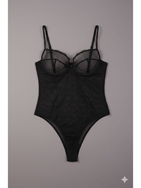 C&City Desteksiz Dantelli Çıtçıtlı Body C15090 Siyah - S000222496-19351