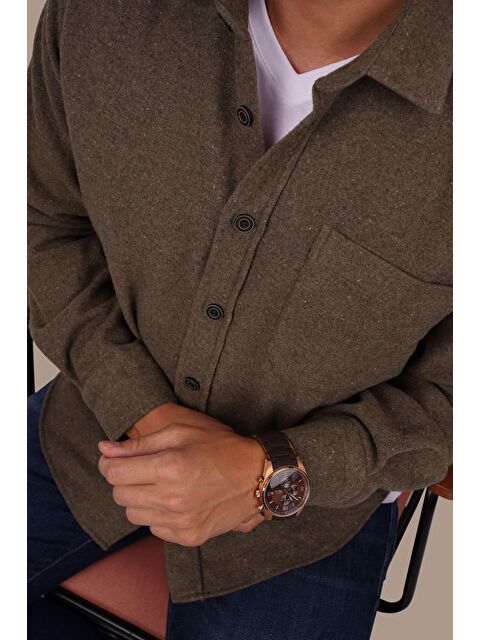 Etikmen Kahverengi Düz Oversize %100 Pamuk Erkek Oduncu Gömlek - S000121511-19413