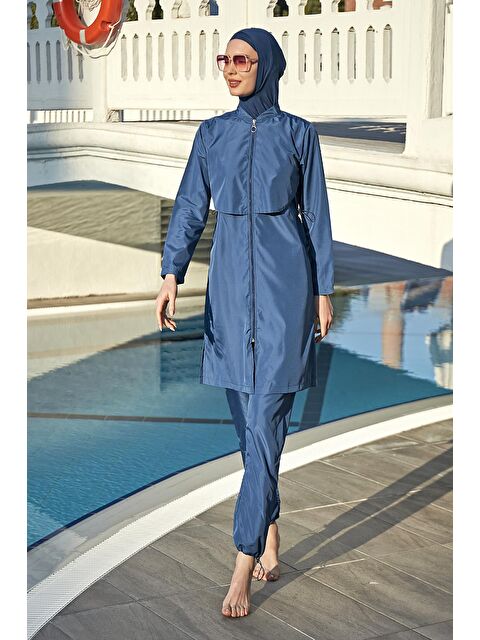 Remsa Mayo Önü Kapaklı Paraşüt Tam Kapalı Tesettür Mayo Nuray Açık Lacivert - S000080634-19459