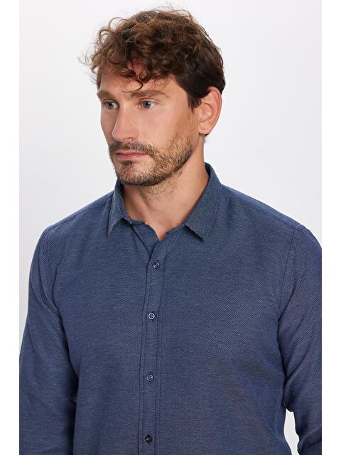 TUDORS Modern Slim Fit Uzun Kollu Pamuklu Kolay Ütü Armürlü Erkek Lacivert Gömlek - S000072393-21164
