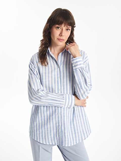KOOR Loose Fit Mavi Beyaz Çizgili Kadın Gömlek Bg119