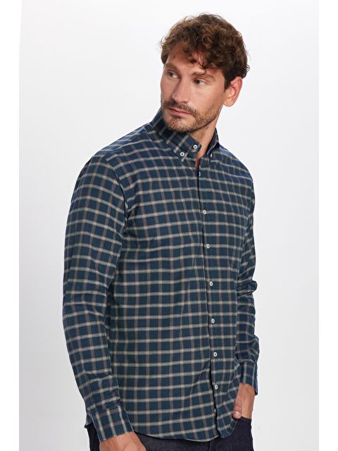 TUDORS Erkek Regular Fit Klasik Kesim Düğmeli Yaka Küçük Kareli Pamuklu Haki Gömlek - S000201760-23173