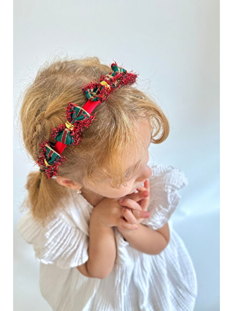 Le Mabelle Kırmızı  Ekoseli Küçük Fiyonk Detaylı Kız Çocuk Yılbaşı Taç - S000480728-20045