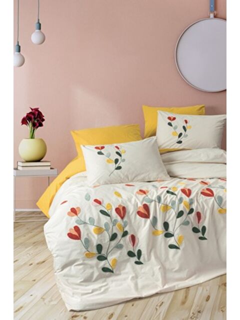 Varol Pamuk Box Puff Nakışlı Çift Kişilik Nevresim Takımı Nella Hardal - S000448301-23173