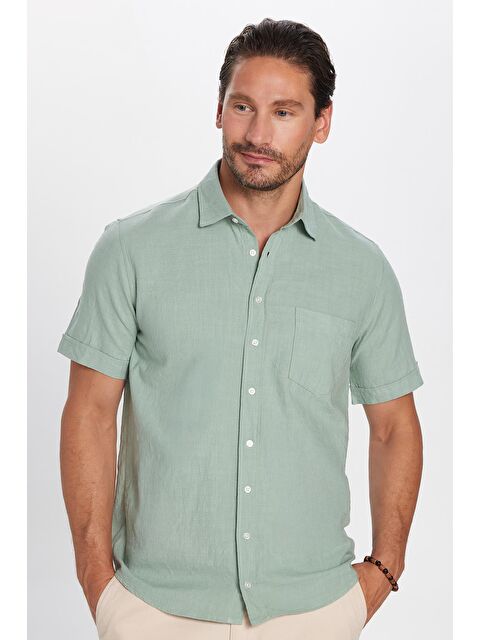 TUDORS Erkek Regular Fit Klasik Kesim %100 Pamuk Keten Doku Cepli Yeşil Gömlek