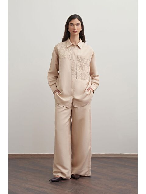 ALLDAY Bej-Nakış Detaylı Keten Pantolonlu Takım - S000399238-19928