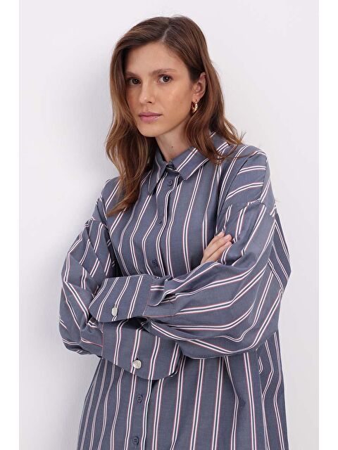 ALLDAY Lacivert-Kırmızı Pamuklu Oversize Çizgili Gömlek Tunik - S000283716-37349