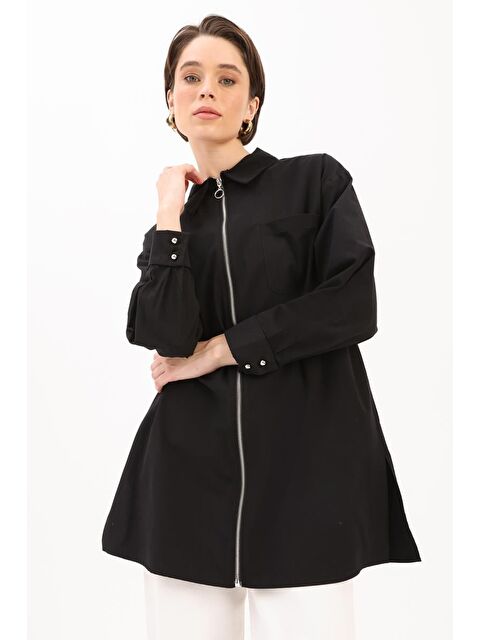 ALLDAY Siyah %100 Pamuk Fermuarlı Manşeti Dubleli Gömlek Tunik - S000276501-19351