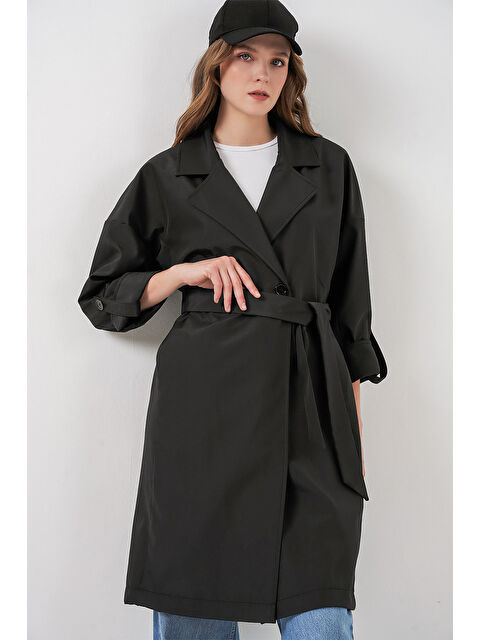 Bigdart 9104 Kruvaze Yaka Astarlı Trençkot - Siyah - S000085429-19351