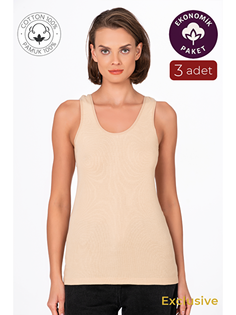 Kompedan Kadın Pamuklu Ribana Kalın Askılı Atlet 3'Lü Paket | Ten K0111 - S000435071-26407