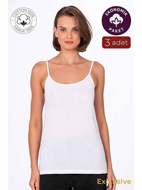 Kompedan Kadın Pamuklu Ribana İp Askılı Klasik Atlet 3'Lü Paket – Esnek & Rahat | Beyaz K0107 - S000437275-20063