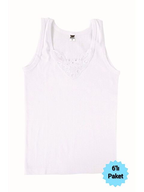 Tutku 6'lı Kadın Beyaz %100 Pamuk Güpürlü Ribana Kalın AskılıAtlet - S000223070-20063