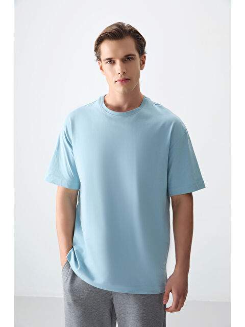 Air Jones Açık Mavi %100 Pamuk Kalın Yumuşak Dokulu Oversize Fit Basic Erkek Tişört - 88353 - S000149622-17437
