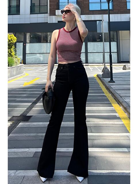 Madmext Kadın Siyah Yırtmaçlı Likralı İspanyol Paça Jean Pantolon Mg1518 - S000029443-19351