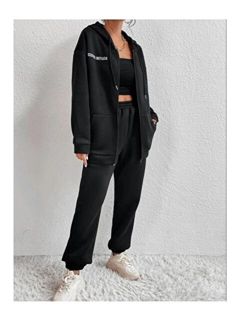 Trendseninle Kadın Siyah Sıerra Nevada Baskılı Hırka Jogger Oversize Eşofman Takım - S000112697-19351