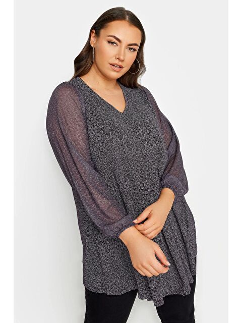 Stil Diva Büyük Beden Uzun Kolları Tül Detaylı Pileli V Yaka Bluz 302828 - S000136840-20600