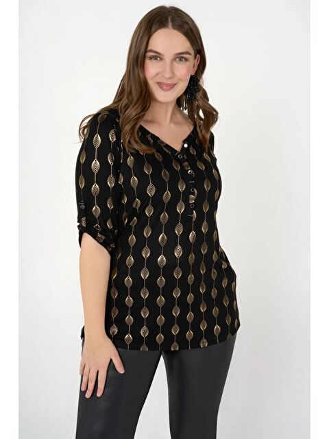 Stil Diva Büyük Beden V Yaka Çıtçıt Düğmeli Fakir Kol Uzun Kesim Bluz E15244 - S000136703-20076