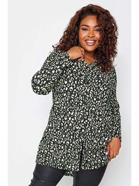 Stil Diva Büyük Beden Leopar Baskılı Düğmeli Uzun Kollu Uzun Kesim Gömlek 302647 - S000288670-19351