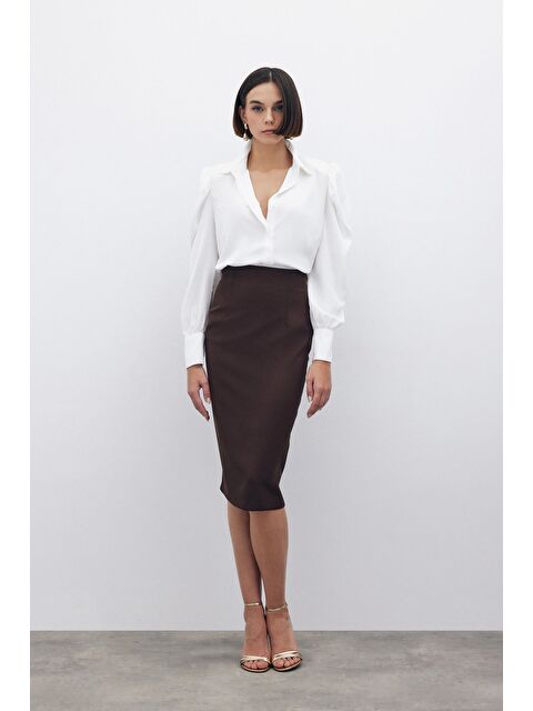 SATEEN Düz Kalem Etek - Kahve - S000324040-19413