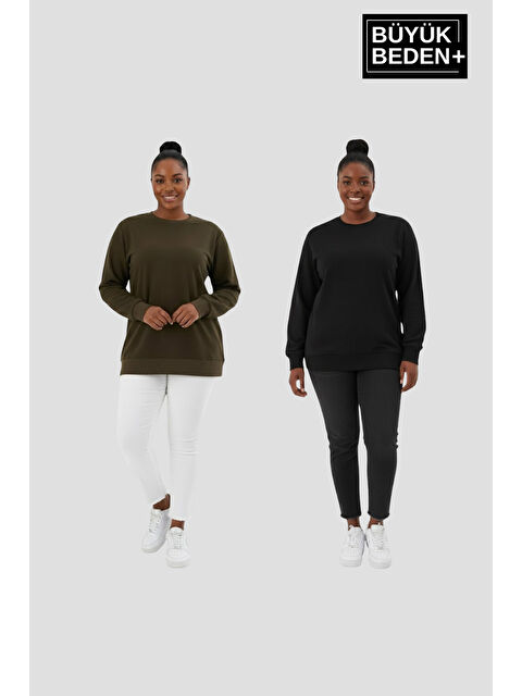 Süperlife Kadın Büyük Beden Bisiklet Yaka 2’li Set-Rahat Kalıp İnce Sweatshirt SPR26BSWK956+2 - S000488861-37432
