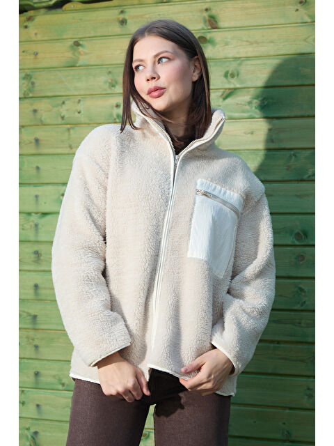 Fullamoda Fermuarlı Tek Cepli Dik Yaka Pelüş Mont - S000441400-19928