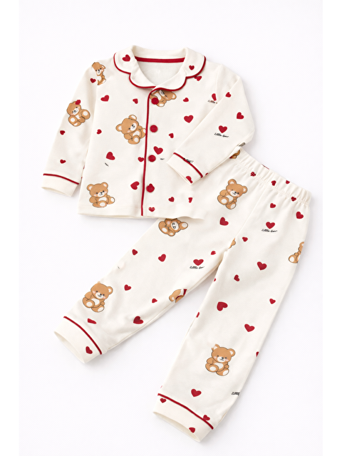 Verona Tarz Kız Çocuk Kalpli Ayıcıklı Pijama Takımı Alt-Üst Gömlekli Pamuklu - S000511403-20063