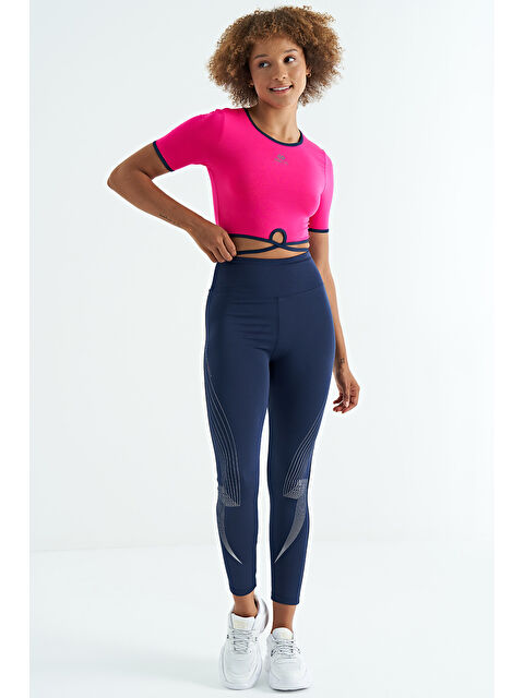 Tommylife Fuşya Bel Bağlama Detaylı O Yaka Standart Kalıp Dalgıç Kumaş Kadın Crop Tişört - 97266 - S000032567-18686