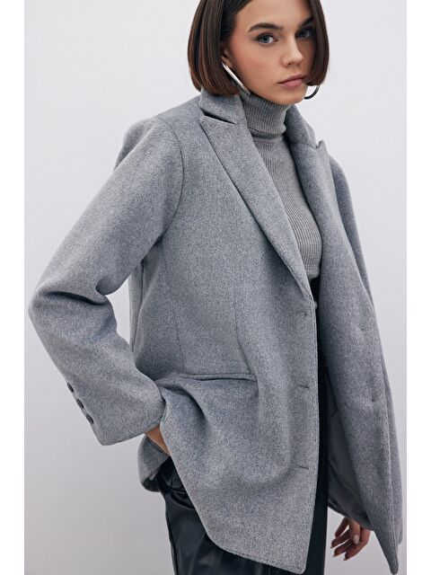 SATEEN Düğmeli Kaşe Kaban - Antrasit - S000324084-29666