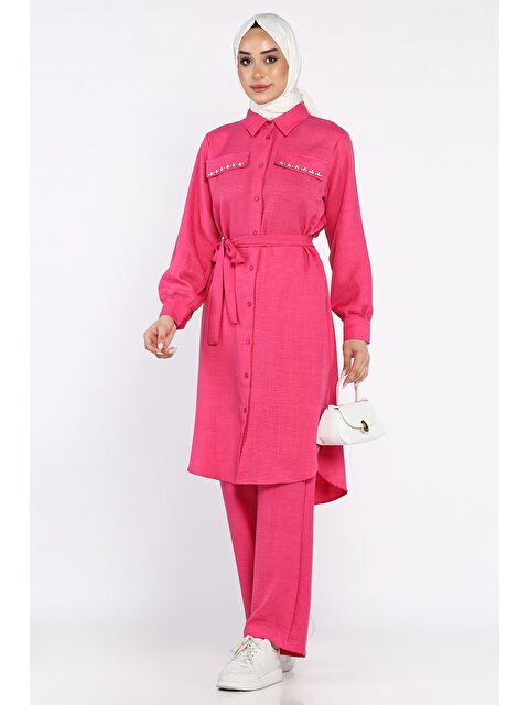 Julude Kadın İnci Ve Taş İşlemeli Kuşak Detaylı Tunik Pantolon Tesettür İkili Takım - S000386600-18686