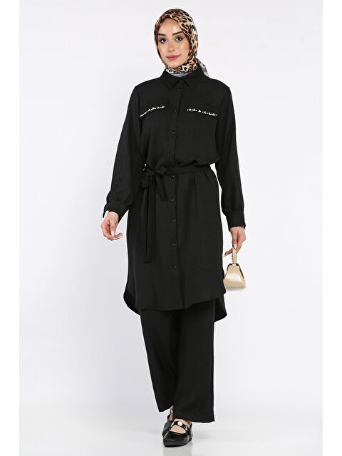 Julude Kadın İnci Ve Taş İşlemeli Kuşak Detaylı Tunik Pantolon Tesettür İkili Takım - S000386600-19351