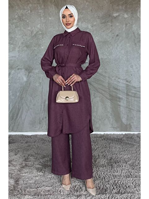 Julude Kadın İnci Ve Taş İşlemeli Kuşak Detaylı Tunik Pantolon Tesettür İkili Takım - S000386600-20036