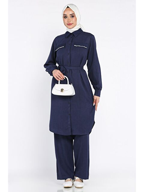 Julude Kadın İnci Ve Taş İşlemeli Kuşak Detaylı Tunik Pantolon Tesettür İkili Takım - S000386600-21164