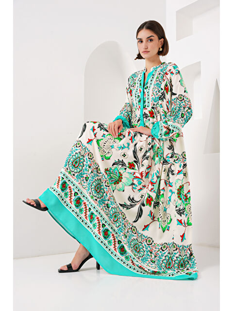 Bigdart 2423 Otantik Desenli Tesettür Elbise - Y.Yeşil - S000089420-5234