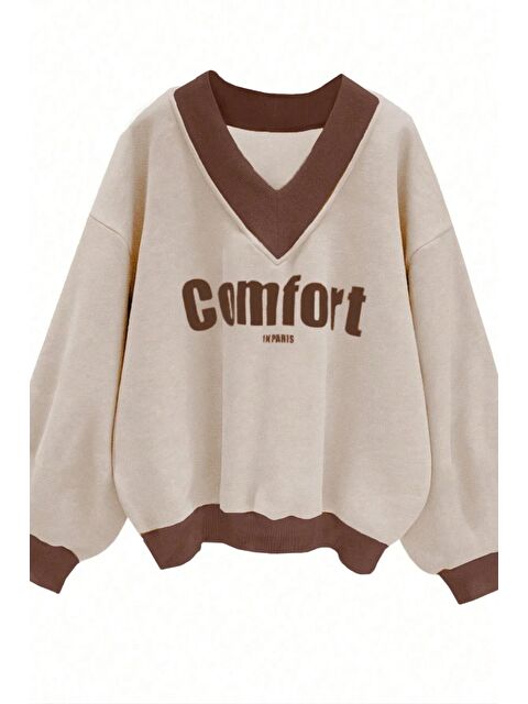 Trendseninle Kadın Bej Comfort In Paris Baskılı V Yaka Oversize Sweatshirt - S000241643-19928