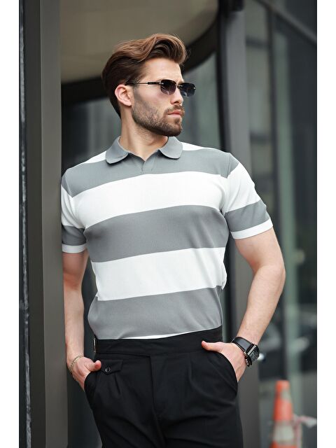 Madmext Beyaz Polo Yaka Çizgili Erkek Triko Tişört E7411 - S000366087-20063