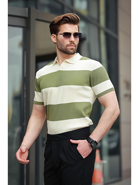 Madmext Haki Polo Yaka Çizgili Erkek Triko Tişört E7411 - S000366087-18547