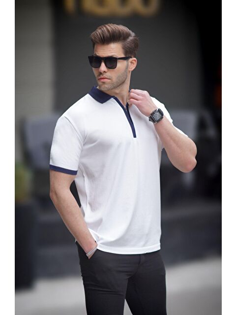 Madmext Beyaz Fermuar Detaylı Polo Yaka Erkek Tişört 6880 - S000156806-20063