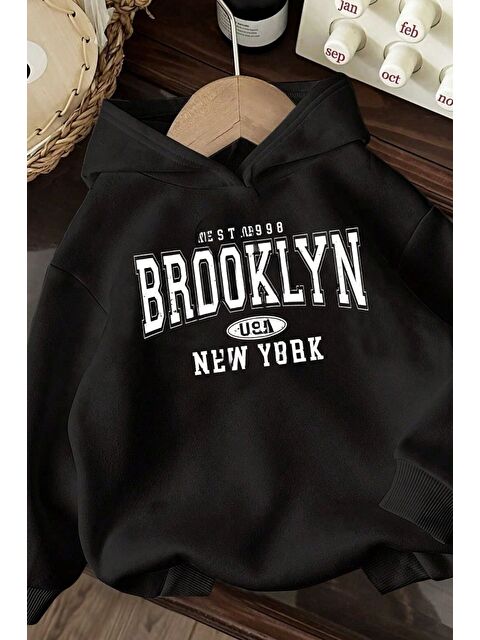 Trendseninle Unisex Siyah Oversize Brooklyn Usa Newyork Baskılı Kapüşonlu Sweatshirt Hoodie - S000313271-19351
