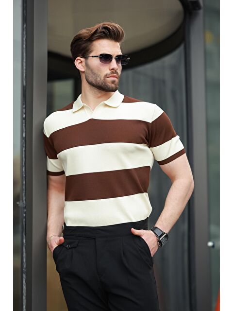 Madmext Kahverengi Polo Yaka Çizgili Erkek Triko Tişört E7411