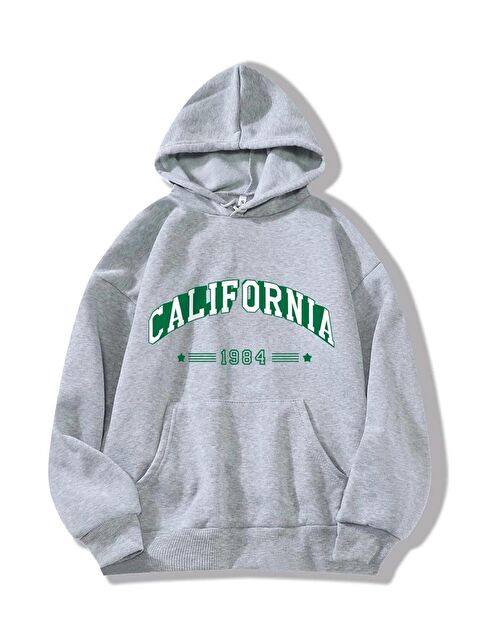 Trendseninle Unisex GRİ California 1984 Baskılı Kapüşonlu Oversize Sweatshirt - S000107297-20600