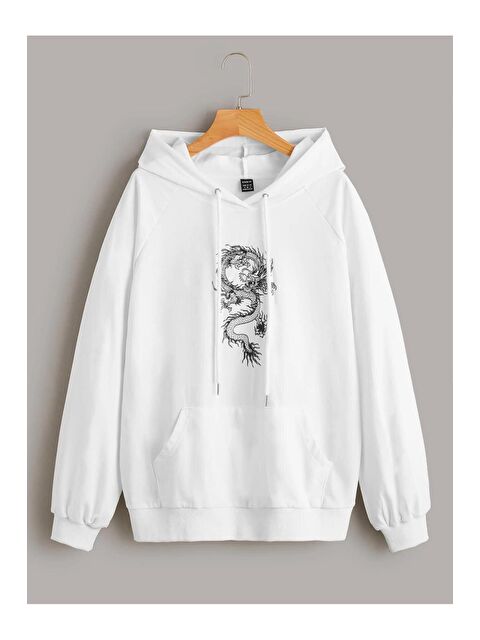 Trendseninle Kadın Beyaz Kapüşonlu Oversize Önü Ejder Baskılı Hoodie Sweatshirt - S000107298-20063