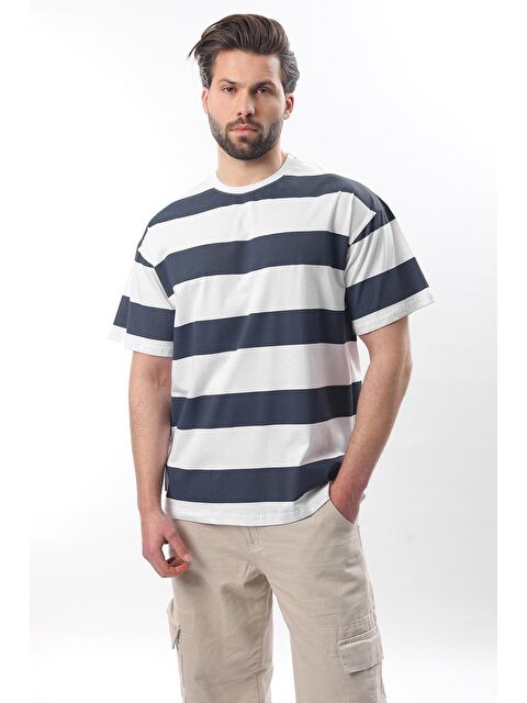 Madmext İndigo Oversize Renk Bloklu Bisiklet Yaka Kısa Kollu %100 Pamuk Tişört 7030 - S000212543-23093