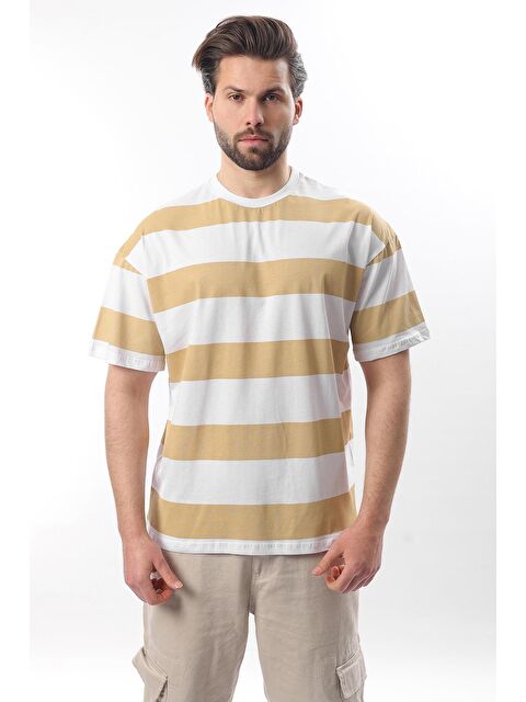 Madmext Bej Oversize Renk Bloklu Bisiklet Yaka Kısa Kollu %100 Pamuk Tişört 7030 - S000212543-19928