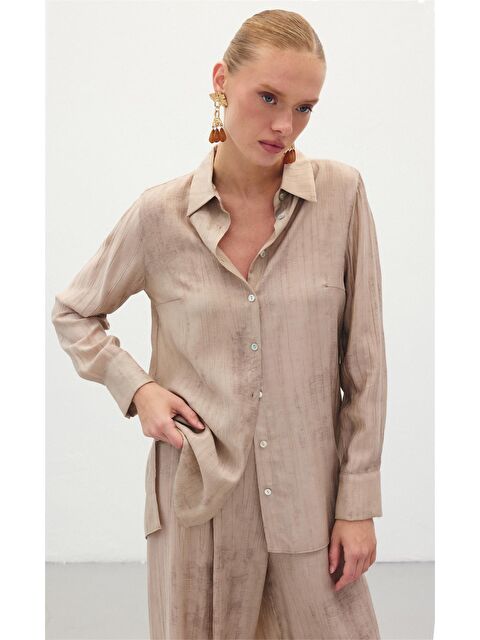 SATEEN Desenli Salaş Gömlek - Bej - S000405296-19928