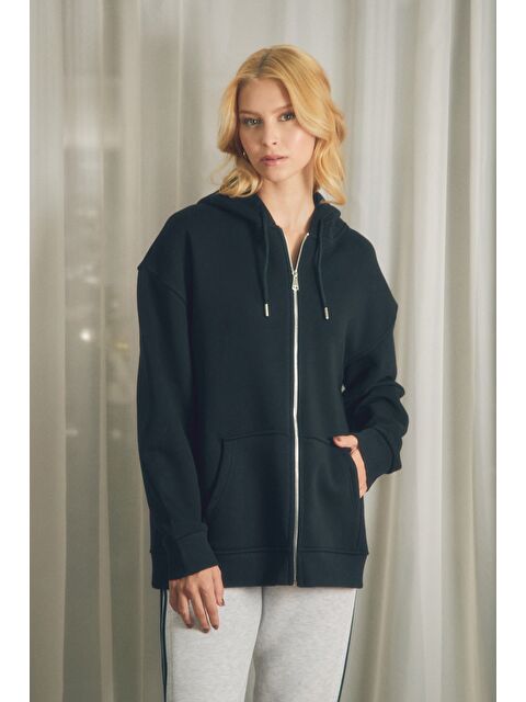 Fullamoda 3 İplik Basic Fermuarlı Kapüşonlu Oversize Sweatshirt Hoodie - S000266694-19351