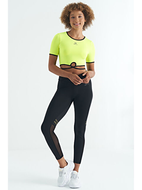 Tommylife Neon Sarı Bel Bağlama Detaylı O Yaka Standart Kalıp Dalgıç Kumaş Kadın Crop Tişört - 97266 - S000032567-733