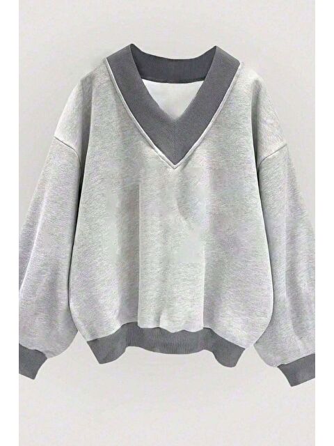 Trendseninle Kadın LightGri Düz V Yaka Oversize Sweatshirt - S000272888-20600