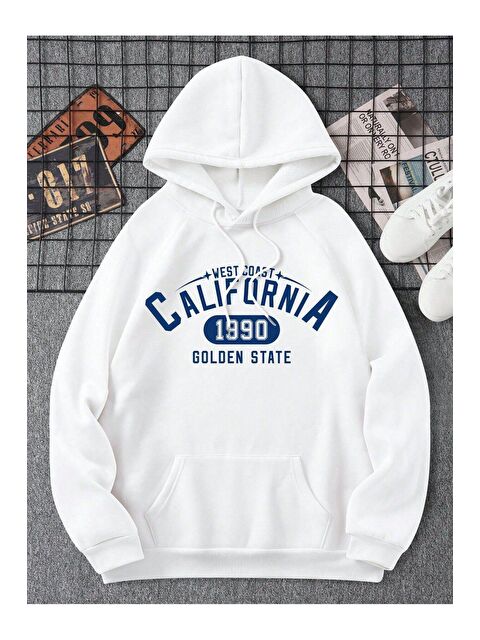 Trendseninle Beyaz California 1990 Baskılı Kapüşonlu Sweatshirt - S000107311-20063