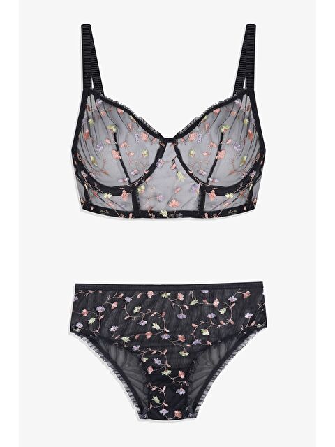 Koza İç Giyim Kadın Çiçekli Desenli Dolgusuz Brodeli Tüllü Sütyen Takım - S000307783-19351