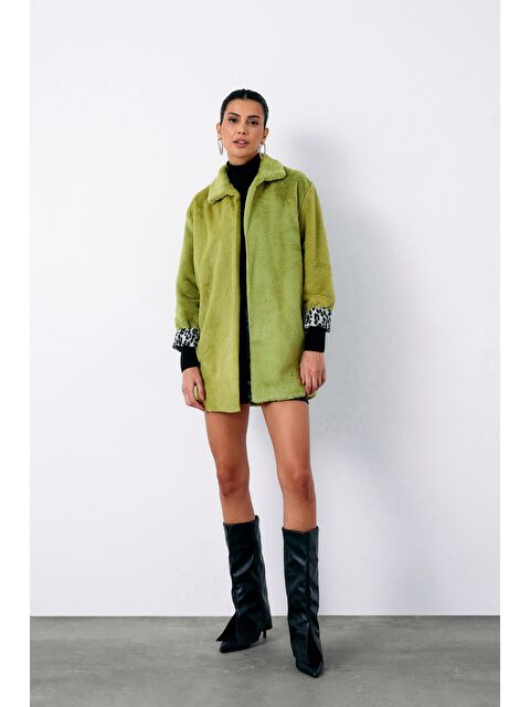 SATEEN Leopar Astarlı Pelüş Kaban - Yeşil - S000324061-18194